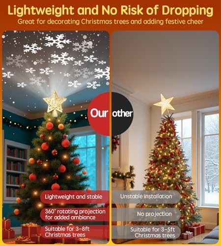 Christmas Tree Star Topper, Built-in Led 360° Rotating Snowflake Projector Pentagram Plug in Christmas Tree Ornament for Indoor Office Xmas New Year Holiday Tree Decor (Golden) - Image 2