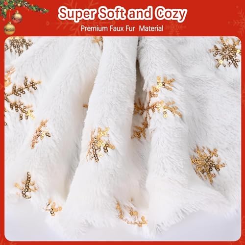 Christmas Tree Skirts 60 Inches, White Faux Fur Christmas Tree Skirt with Gold Sequin Snowflakes, Extra Large Plush Tree Skirts for Xmas Holiday Party Decorations. - Image 7