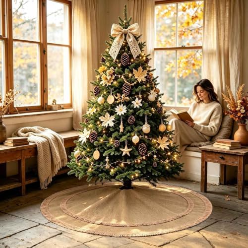 Yuboo 48" Burlap Christmas Tree Skirt with 2-Layer Tassel Design, Brown Rustic Farmhouse Jute Linen Large Fall Tree Skirt for Wedding, Birthday, Christmas Decor - Image 3