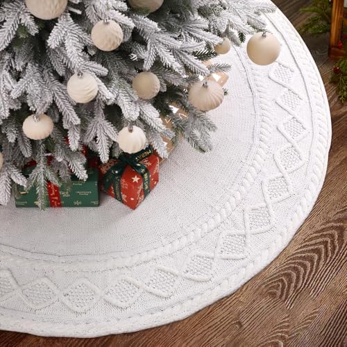 YUJUN 48 in White Christmas Knitted Tree Skirt for Xmas Home Decoration by YUJUN