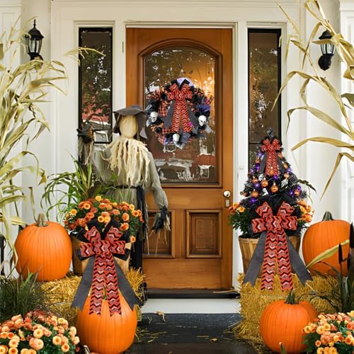 Large Halloween Tree Topper Bow, Orange Black Chevron Wreath Bow - Image 3