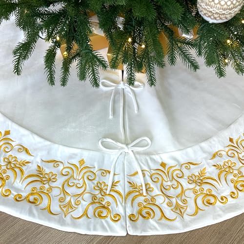 72-Inch Victorian Velvet Christmas Tree Skirt with Gold Damask Embroidery and Plush Lace Ties, Ivory - Image 4