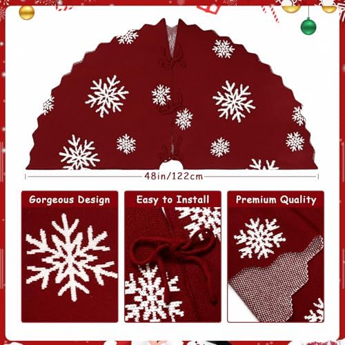 Christmas Tree Skirt, Snowflakes Xmas Tree Skirt, 48 inch Red Cable Knit Knitted Thick Farmhouse Rustic Christmas Tree Skirts Xmas Holiday Decoration (48in) - Image 3