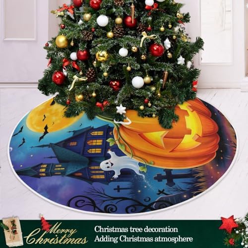 Halloween Pumpkin Ghost Witch Christmas Tree Skirt Large Xmas Tree Skirts Decorations 48 in Burlap Tree Mat Cover for 4 ft Trees Holiday Party - Image 2
