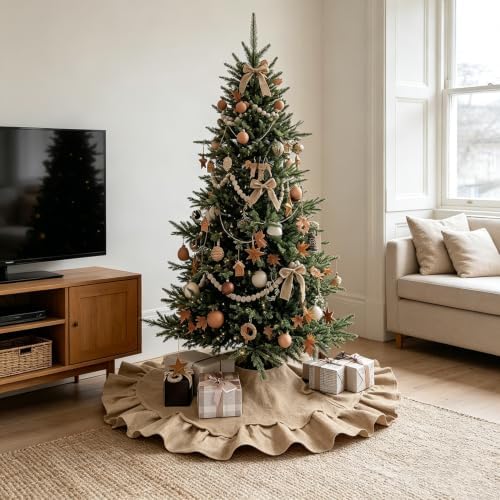 yuboo 36 Inch Burlap Christmas Tree Skirt, with Ruffle Border and Bow Ties - Image 3