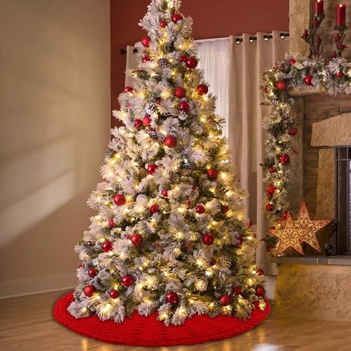 YUJUN 48 Inches Christmas Knitted Tree Skirt Decorations Xmas Large Red Chunky Cable Farmhouse Thick Rustic Tree Skirt for Merry Christmas Tree Holiday Home Party Decoration - Image 7