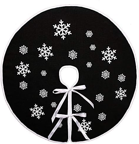 30 Inch Black Burlap Christmas Tree Skirt with White Snowflakes by MACTING