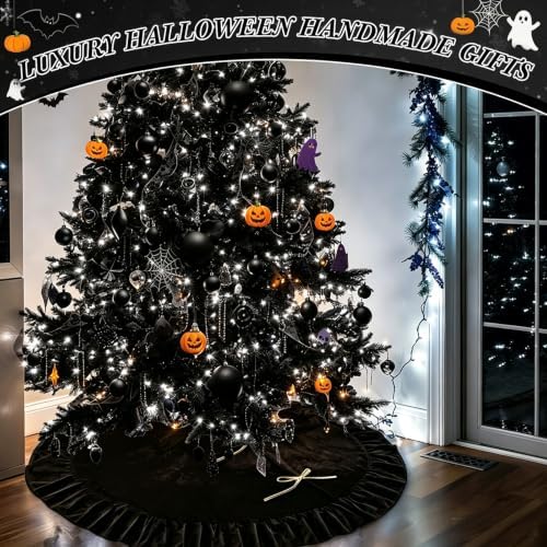 48 Inches Velvet Halloween Tree Skirt Decorations Black Luxury Xmas Fur Plush Skirts for Halloween Merry Christmas Party Rustic Vintage Holiday Home Winter - Image 7