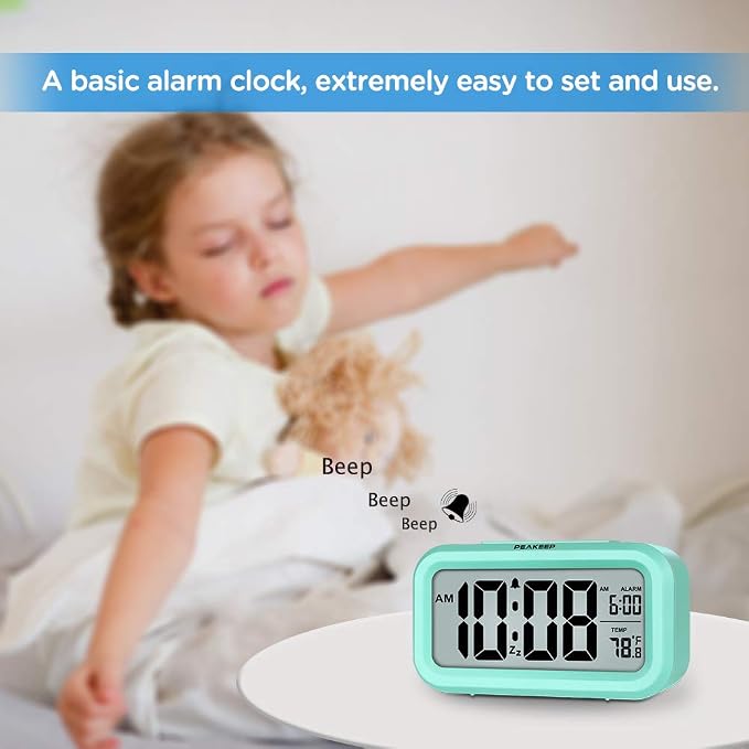 Peakeep Night Light Digital Alarm Clock Battery Operated Indoor Temperature | Small Cordless Cute Clock for Bedroom Desk Travel, Simple to Use for Teens Kids (Mint) - Image 2