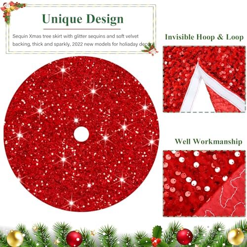FUHSY Red Tree Skirts Christmas Sequined Tree Decorations 36 Inches Diameter Velvet Fabric Glitter Embroidered and Sequined Tree Cover Skirts Soft Shimmer Tree Mat for All Occasions - Image 4