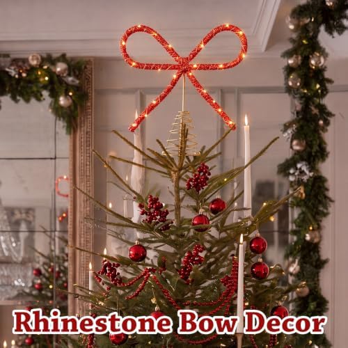 Retisee 9.8 Inch Bow Christmas Tree Topper LED Rhinestone Decor, Red - Image 6