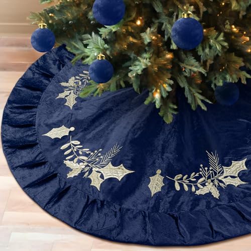 48 Inches Velvet Christmas Tree Skirt Blue with Gold Embroidered Holly Fur Plush Tree Skirt Luxury Xmas Skirts for Merry Christmas Party Vintage Holiday Decorations by Vertintong