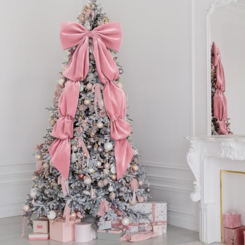 Knitgrip Extra Large Velvet Christmas Tree Topper Bow, Pink, 71 Inch - Image 4