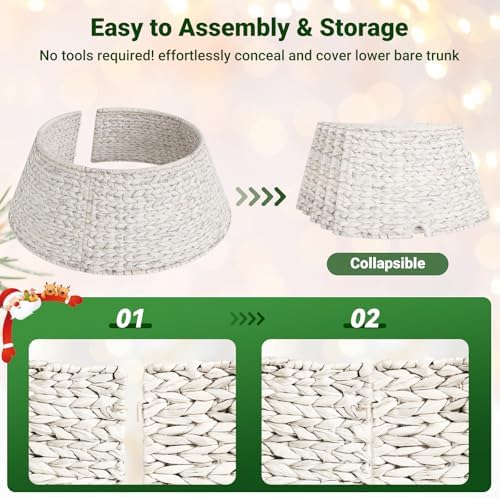ELYKEN 28-Inch Woven Rattan Christmas Tree Collar, Stylish Hyacinth 5-Piece Tree Skirt for Artificial Trees, Wicker Tree Base Cover with Cord Cut-Out for Home Decor, Living Room Display, White Wash - Image 5