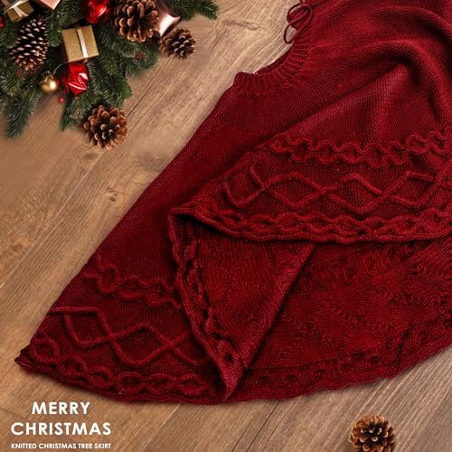 NIBESSER Red Knit Tree Skirt 48" Christmas Tree Skirt Knitted Mat Christmas Decorations Yarn Thick Rustic Cable Knit Tree Skirt for Home Party Holiday Ornaments - Image 6