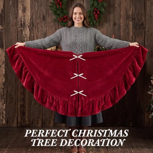 60 Inches Velvet Christmas Tree Skirt Decorations Red Luxury Xmas Fur Plush Skirts for Merry Christmas Party Rustic Vintage Holiday Home Winter - Image 6