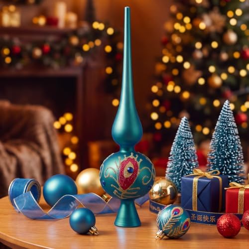Gejoy Mercury Glass Christmas Finials Tree Topper Peacock Blue Ornaments - Image 4