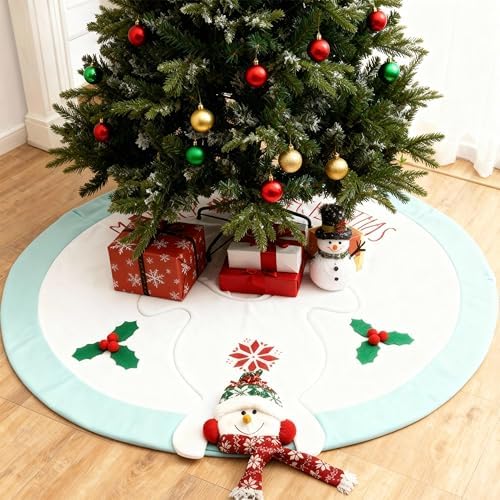 48in Christmas Tree Mat for Under Tree,Blue and White Christmas Tree Skirt for 7.5FT Tree,Rustic 3D Snowman Xmas Tree Mat Decorations Winter New Year Holiday Party Decor Indoor Outdoor - Image 2