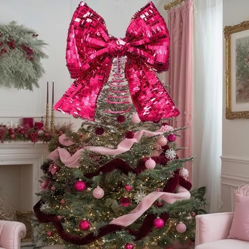 Demissle 10 x 12 Inch Sequin Hot Pink Bow Tree Topper Hot Pink Bow Glitter Christmas Tree Topper Christmas Holiday Decoration for Coquette Themed Xmas Home Decor - Image 2