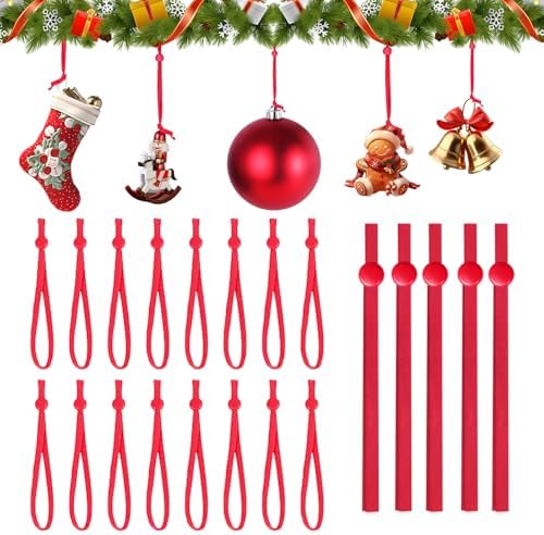 100 PCS Christmas Ornament Hangers Hooks, Adjustable Ornament Ribbon Hanger for Hanging Small & Large Heavy Ornaments, Xmas Ornament Hanging String for Christmas Tree Decorations Bauble (Red) by Unknown