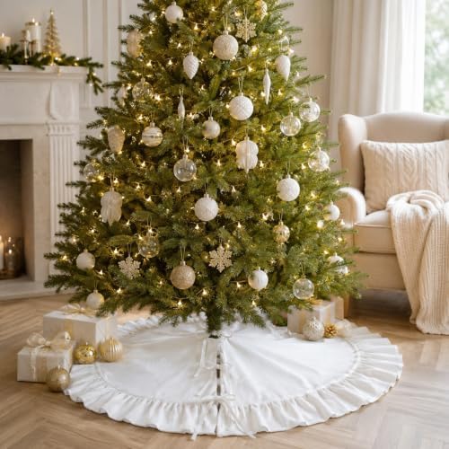 48-Inch White Ruffled Velvet Christmas Tree Skirt with 3 Bow Ties, Large Round Xmas Tree Base Cover for Holiday Home and Party Decor, 122 cm - Image 4