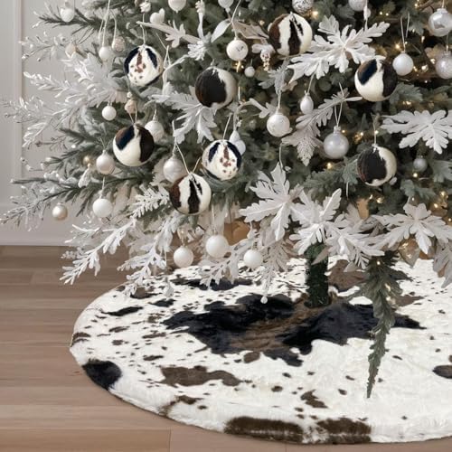 Cow Print Plush Christmas Tree Skirt, Western Cowhide Faux Fur Christmas Tree Skirt Mat for Christmas New Year Home Party Decorations(48 inches/122CM) by DegGod
