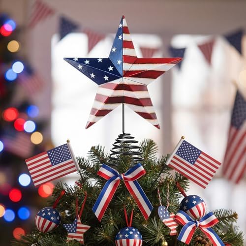Halloscume Rustic Patriotic Tree Topper 7.8 in Metal Star Tree Topper Red Blue White Trees Ornament for 250th Anniversary Veteran's Day Indoor Outdoor Home Decor Holiday Party Supplies by Halloscume