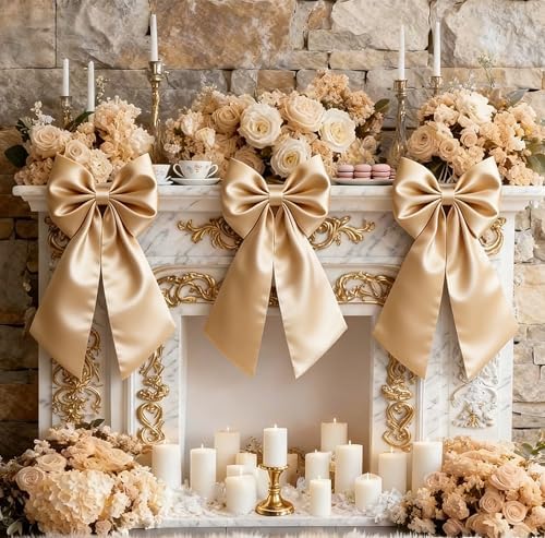 Big Champagne Bow Coquette Room Decor, 23x11 Inch Satin Bows Large Champagne Bows Birthday Decorations as Crib Skirt for Valentine's Day Tree Topper Girl Gift Wrapping Bachelorette Baby Shower (3pcs) by Froova