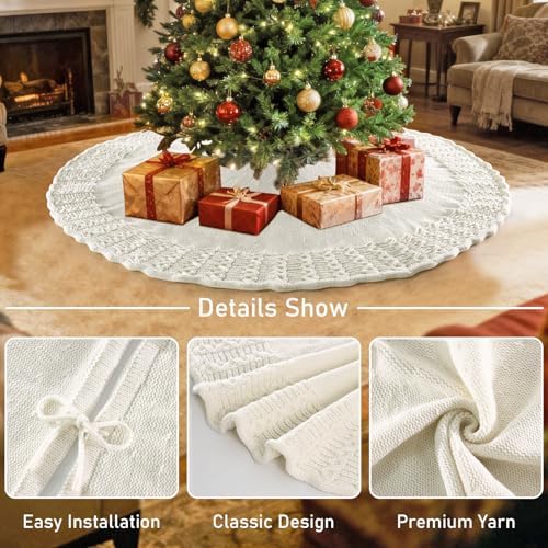 Christmas Tree Skirt 36 Inch Knitted Xmas Tree Skirt Cable Knit Tree Skirt Christmas Tree Decorations for Farmhouse Xmas Holiday Home Party (White, 36in) - Image 3