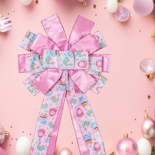 Christmas Tree Topper Wreath Bow Large Pink Christmas Bow Tree Topper 52"x13" Pink Ice Cream Pattern Velvet Ribbon Gift Bows for Xmas Holiday Home Wedding Thanksgiving Indoor/Outdoor Decoration - Image 3