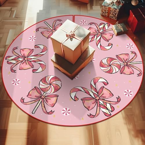 Christmas Tree Skirt Pink Tree Skirts Candy Cane Decorations Xmas Tree Skirt Tree Mat 15 Inch Winter Christmas Decor for Home - Image 2