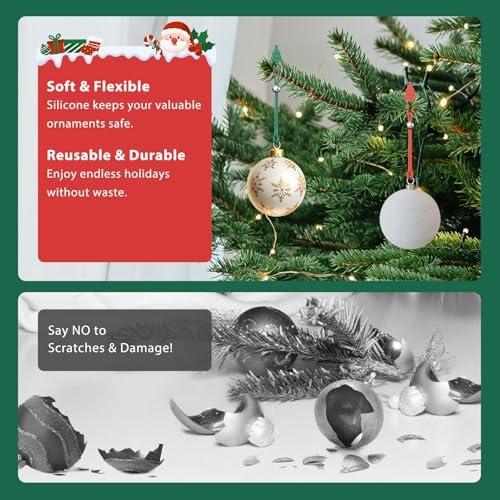 Christmas Ornament Hooks,12 Pcs Silicone Ornament Hangers and Strings for Christmas Tree, Holiday Party Hanging Decorations Ropes, Gift Wrapping Ribbon - Green - Image 2