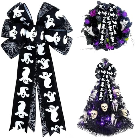 Large Halloween Tree Topper Bow, Black White Ghost Wreath Bow by HIENAJ
