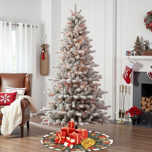 Dark Green Vintage Christmas Tree Skirt Winter 30 Inch Pine Tree Wonderland Forest Village Town House Snowflake Trees Skirts Mat for Xmas Holiday Ornament Rustic Farmhouse Decoration - Image 4