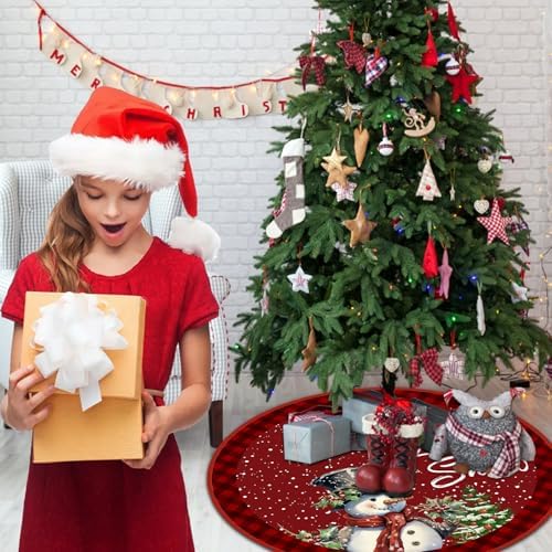 Christmas Tree Skirt 48 Inch Red Rustic Snowman Xmas Tree Skirts Mat with Snowflake Design for Merry Christmas Xmas Holiday Party Decorations Indoor Outdoor Home Decor - Image 3