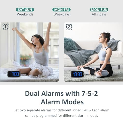 Odokee Digital Dual Alarm Clock for Bedroom with 0-100% Dimmable Display | Easy to Set Alarm Clock with Weekday/Weekend Mode - Loud Alarm for Heavy Sleepers with 5 Sounds Adjustable Volume - Blue - Image 3