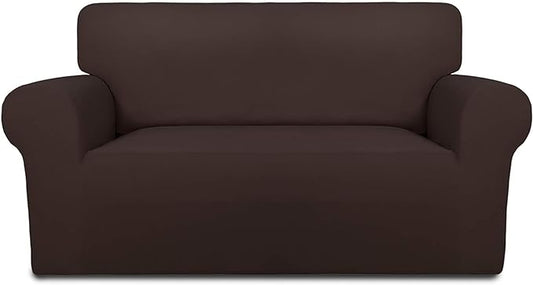 PureFit Super Stretch Sofa Slipcover – Spandex Non Slip Soft Couch Sofa Cover, Washable Furniture Protector with Non Skid Foam and Elastic Bottom for Kids, Pets （Loveseat, Chocolate）