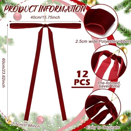 Janinka 12 Long Burgundy Christmas Velvet Bow Ornament Vintage Tree Decor - Image 2