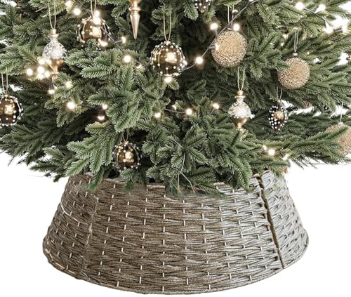 belupai Wicker Christmas Tree Skirts Collar Rings, Artificial Rattan Christmas Tree Skirt Stand Farmhouse Xmas Tree Collar for Artificial Christmas Trees Decoration(Gray,S) by BELUPAI