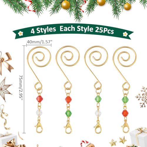 WADORN 100 Pieces 4 Styles Metal Ornament Hangers with Lobster Claws 3 Inch Pendant Christmas Ornament Hooks for Tree Decorations DIY Crafts Xmas Party Decoration - Image 2