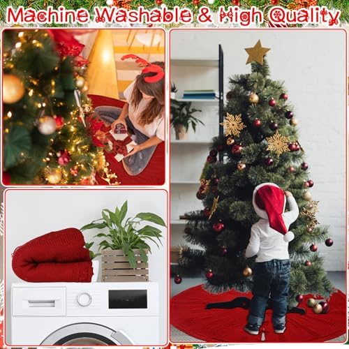 72 Inch Christmas Knitted Tree Skirt Giant Claret Red Chunky Xmas Tree Skirt Extra Large Braided Cable Knit Rustic Farmhouse Xmas Ornaments for Home Merry Christmas Holiday Winter Party Decoration - Image 6