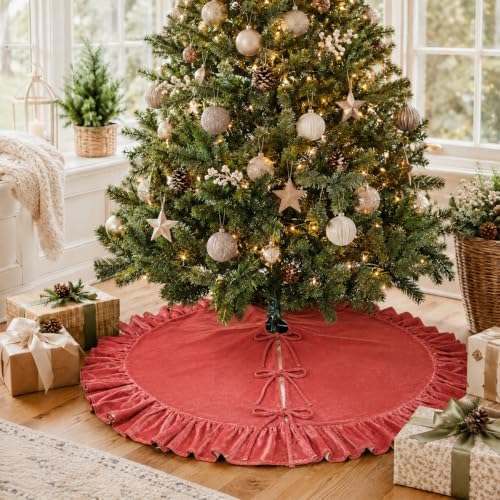 Christmas Tree Skirt,Velvet Tree Skirt with Ruffled Edge, Classic Large Velvet Fur Plush Tree Skirt for Merry Christmas(Rosered,36Inch) - Image 3