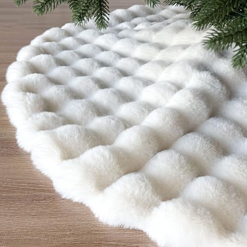 60-Inch Puff Quilt Faux Fur Christmas Tree Skirt, Soft Plush Tufted Texture with Satin Ribbon Ties, Cream - Image 3