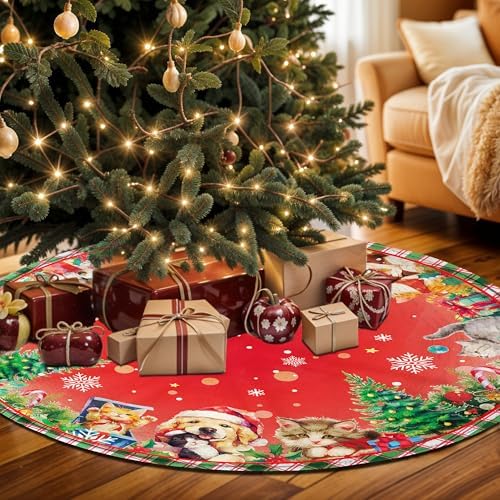 48 Inch Christmas Tree Skirt with Cats and Dogs, Christmas Soft Farmhouse Holiday Xmas Trees Decoration, Red Tree Skirt Indoor Outdoor, Christmas Tree Skirt Decoration - Image 2