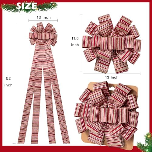 WRAPAHOLIC Large Christmas Tree Topper Bow - 13 x 52 Inch Burlap Striped Christmas Tree Topper Ribbon Bow Wreath Bows with Wired Edge for Xmas Ornament Indoor Outdoor Decoration - Image 2