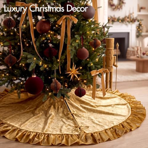 Velvet Christmas Tree Skirt, 60 Inches, Bow Style, Gold - Image 2