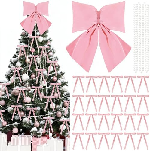 Pink Valentines Day Christmas Tree Decoration Set Include 24 Pcs Velvet Ornaments Bows with Pink Bow Tree Topper, 16.4 FT White Pearl Beads Garland for Valentines Day Garland Wreath Holiday Decor by IWOLOMI