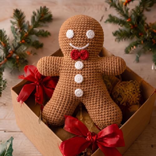 Syhood 10 Inch Crochet Gingerbread Man Christmas Tree Topper Caramel Color Farmhouse Holiday Xmas Decor for Christmas Tree Ornament Party Decoration - Image 5
