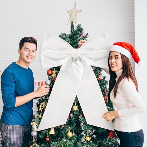 HunnmingRe 20 x 30 Inches Large White Velvet Bow Christmas Tree Topper - Image 4