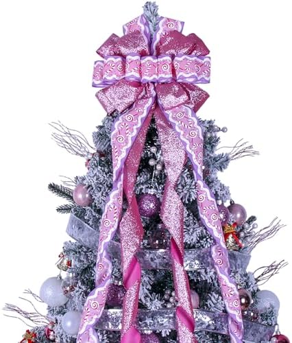 Christmas Tree Topper Wreath Bow Large Pink Christmas Bow Tree Topper 52"x13" Pink Cane Glitter Satin Ribbon Patterned Gift Bows for Xmas Holiday Home Wedding Thanksgiving Indoor/Outdoor Decoration by Sailup